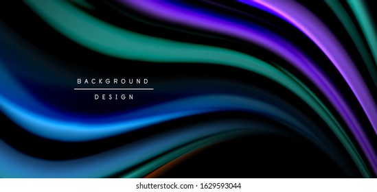 Abstract silk smooth lines on black, multicolored liquid fluid rainbow style waves on black. Vector Illustrations For Wallpaper, Banner, Background, Card, Book, Illustration, landing page, cover