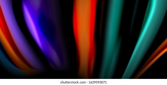 Abstract silk smooth lines on black, multicolored liquid fluid rainbow style waves on black. Vector Illustrations For Wallpaper, Banner, Background, Card, Book, Illustration, landing page, cover