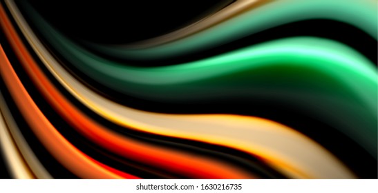 Abstract silk smooth lines on black, multicolored liquid fluid rainbow style waves on black. Vector Illustrations For Wallpaper, Banner, Background, Card, Book, Illustration, landing page, cover
