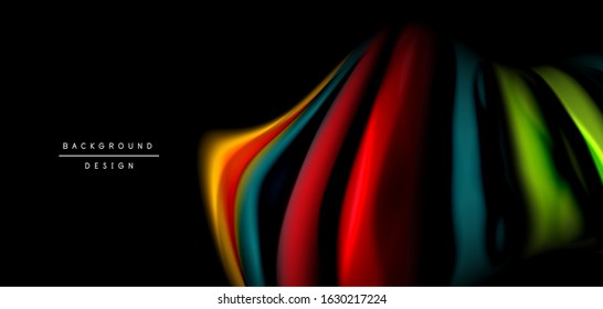 Abstract silk smooth lines on black, multicolored liquid fluid rainbow style waves on black. Vector Illustrations For Wallpaper, Banner, Background, Card, Book, Illustration, landing page, cover