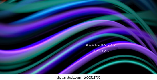 Abstract silk smooth lines on black, multicolored liquid fluid rainbow style waves on black. Vector Illustrations For Wallpaper, Banner, Background, Card, Book, Illustration, landing page, cover
