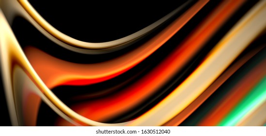 Abstract silk smooth lines on black, multicolored liquid fluid rainbow style waves on black. Vector Illustrations For Wallpaper, Banner, Background, Card, Book, Illustration, landing page, cover