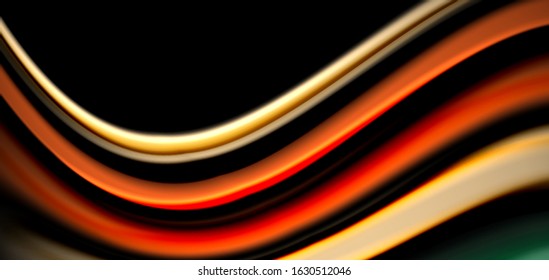 Abstract silk smooth lines on black, multicolored liquid fluid rainbow style waves on black. Vector Illustrations For Wallpaper, Banner, Background, Card, Book, Illustration, landing page, cover