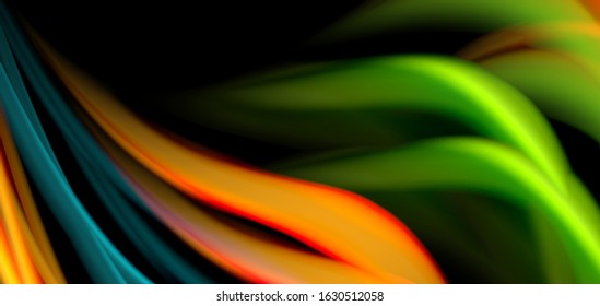 Abstract silk smooth lines on black, multicolored liquid fluid rainbow style waves on black. Vector Illustrations For Wallpaper, Banner, Background, Card, Book, Illustration, landing page, cover