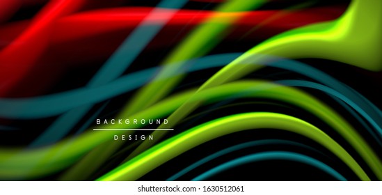 Abstract silk smooth lines on black, multicolored liquid fluid rainbow style waves on black. Vector Illustrations For Wallpaper, Banner, Background, Card, Book, Illustration, landing page, cover