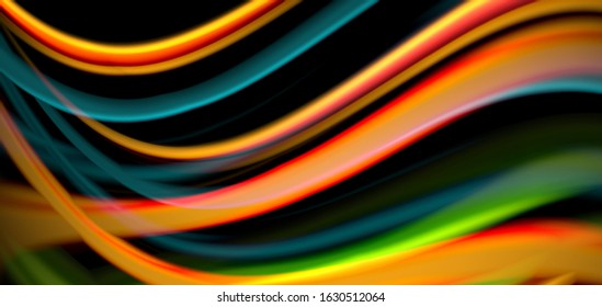 Resumen de líneas suaves de seda sobre ondas negras multicolores de estilo arco iris líquido sobre negro. Ilustraciones vectoriales para papel tapiz, cartel, fondo, tarjeta, libro, ilustración, página de inicio, portada