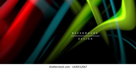 Resumen de líneas suaves de seda sobre ondas negras multicolores de estilo arco iris líquido sobre negro. Ilustraciones vectoriales para papel tapiz, cartel, fondo, tarjeta, libro, ilustración, página de inicio, portada