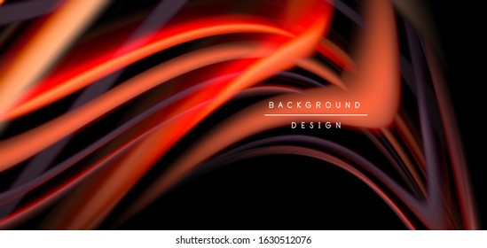 Abstract silk smooth lines on black, multicolored liquid fluid rainbow style waves on black. Vector Illustrations For Wallpaper, Banner, Background, Card, Book, Illustration, landing page, cover