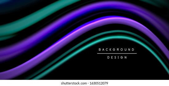 Abstract silk smooth lines on black, multicolored liquid fluid rainbow style waves on black. Vector Illustrations For Wallpaper, Banner, Background, Card, Book, Illustration, landing page, cover