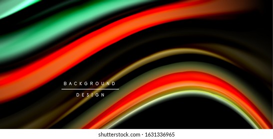 Abstrakte Seide glatte Linien auf schwarzen, mehrfarbigen flüssigen Regenbogenwellen auf Schwarz. Vektorgrafiken für Bildschirmhintergründe, Banner, Hintergrund, Karte, Buch, Illustrationen, Landungsseiten, Deckblatt