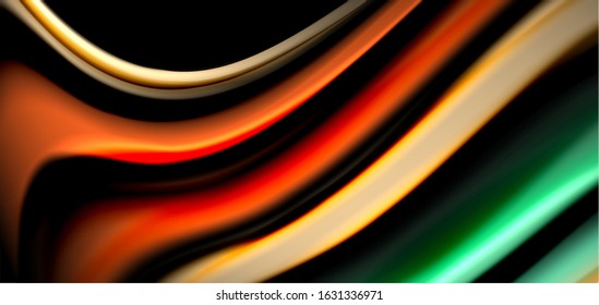 Abstract silk smooth lines on black, multicolored liquid fluid rainbow style waves on black. Vector Illustrations For Wallpaper, Banner, Background, Card, Book, Illustration, landing page, cover