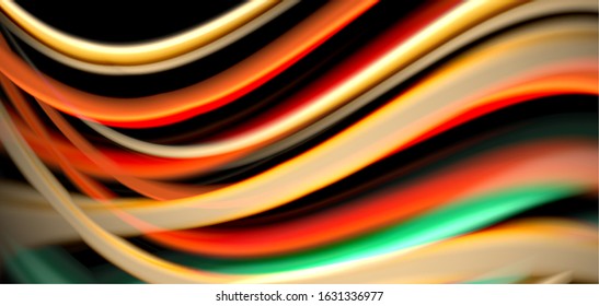 Abstract silk smooth lines on black, multicolored liquid fluid rainbow style waves on black. Vector Illustrations For Wallpaper, Banner, Background, Card, Book, Illustration, landing page, cover