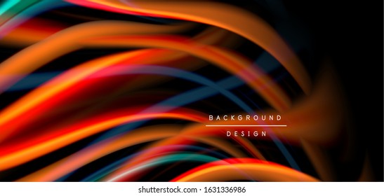 Abstract silk smooth lines on black, multicolored liquid fluid rainbow style waves on black. Vector Illustrations For Wallpaper, Banner, Background, Card, Book, Illustration, landing page, cover