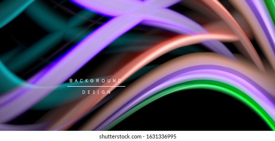 Abstract silk smooth lines on black, multicolored liquid fluid rainbow style waves on black. Vector Illustrations For Wallpaper, Banner, Background, Card, Book, Illustration, landing page, cover