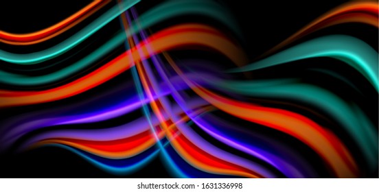 Resumen de líneas suaves de seda sobre ondas negras multicolores de estilo arco iris líquido sobre negro. Ilustraciones vectoriales para papel tapiz, cartel, fondo, tarjeta, libro, ilustración, página de inicio, portada
