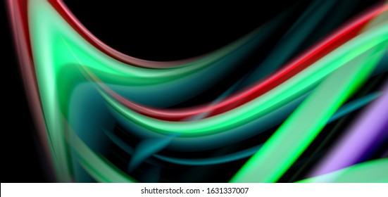 Abstract silk smooth lines on black, multicolored liquid fluid rainbow style waves on black. Vector Illustrations For Wallpaper, Banner, Background, Card, Book, Illustration, landing page, cover