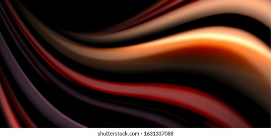 Abstract silk smooth lines on black, multicolored liquid fluid rainbow style waves on black. Vector Illustrations For Wallpaper, Banner, Background, Card, Book, Illustration, landing page, cover