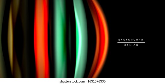 Abstract silk smooth lines on black, multicolored liquid fluid rainbow style waves on black. Vector Illustrations For Wallpaper, Banner, Background, Card, Book, Illustration, landing page, cover