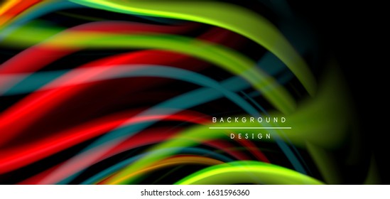 Abstract silk smooth lines on black, multicolored liquid fluid rainbow style waves on black. Vector Illustrations For Wallpaper, Banner, Background, Card, Book, Illustration, landing page, cover