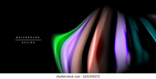 Abstract silk smooth lines on black, multicolored liquid fluid rainbow style waves on black. Vector Illustrations For Wallpaper, Banner, Background, Card, Book, Illustration, landing page, cover