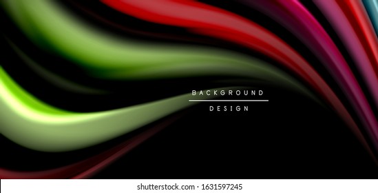 Abstract silk smooth lines on black, multicolored liquid fluid rainbow style waves on black. Vector Illustrations For Wallpaper, Banner, Background, Card, Book, Illustration, landing page, cover