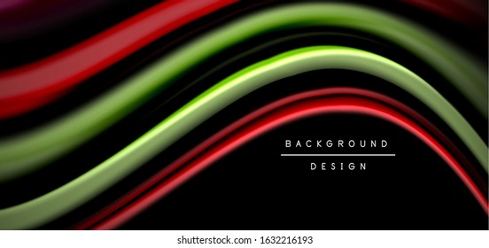 Resumen de líneas suaves de seda sobre ondas negras multicolores de estilo arco iris líquido sobre negro. Ilustraciones vectoriales para papel tapiz, cartel, fondo, tarjeta, libro, ilustración, página de inicio, portada