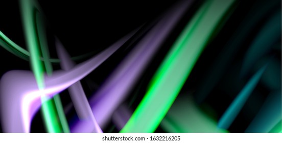 Abstract silk smooth lines on black, multicolored liquid fluid rainbow style waves on black. Vector Illustrations For Wallpaper, Banner, Background, Card, Book, Illustration, landing page, cover