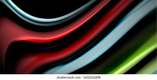 Resumen de líneas suaves de seda sobre ondas negras multicolores de estilo arco iris líquido sobre negro. Ilustraciones vectoriales para papel tapiz, cartel, fondo, tarjeta, libro, ilustración, página de inicio, portada