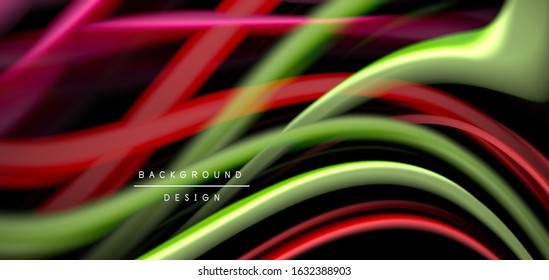 Resumen de líneas suaves de seda sobre ondas negras multicolores de estilo arco iris líquido sobre negro. Ilustraciones vectoriales para papel tapiz, cartel, fondo, tarjeta, libro, ilustración, página de inicio, portada
