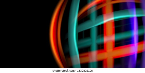 Abstract silk smooth lines on black, multicolored liquid fluid rainbow style waves on black. Vector Illustrations For Wallpaper, Banner, Background, Card, Book, Illustration, landing page, cover