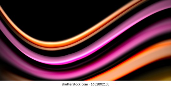 Abstract silk smooth lines on black, multicolored liquid fluid rainbow style waves on black. Vector Illustrations For Wallpaper, Banner, Background, Card, Book, Illustration, landing page, cover
