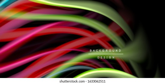 Abstract silk smooth lines on black, multicolored liquid fluid rainbow style waves on black. Vector Illustrations For Wallpaper, Banner, Background, Card, Book, Illustration, landing page, cover