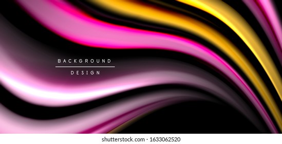 Abstract silk smooth lines on black, multicolored liquid fluid rainbow style waves on black. Vector Illustrations For Wallpaper, Banner, Background, Card, Book, Illustration, landing page, cover