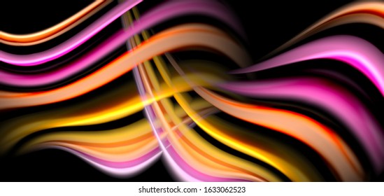 Abstract silk smooth lines on black, multicolored liquid fluid rainbow style waves on black. Vector Illustrations For Wallpaper, Banner, Background, Card, Book, Illustration, landing page, cover