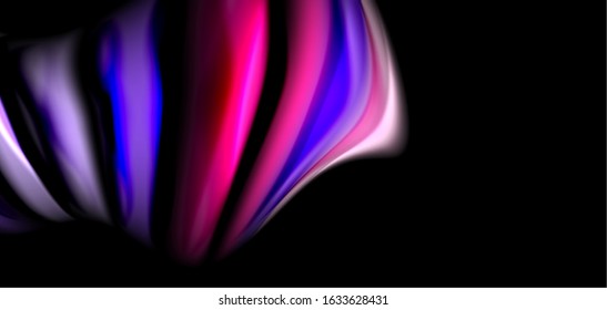 Resumen de líneas suaves de seda sobre ondas negras multicolores de estilo arco iris líquido sobre negro. Ilustraciones vectoriales para papel tapiz, cartel, fondo, tarjeta, libro, ilustración, página de inicio, portada