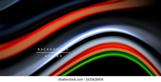 Abstract silk smooth lines on black, multicolored liquid fluid rainbow style waves on black. Vector Illustrations For Wallpaper, Banner, Background, Card, Book, Illustration, landing page, cover