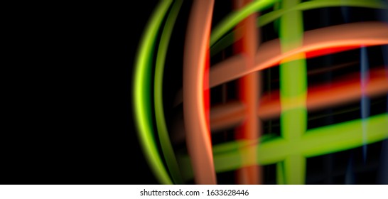 Abstract silk smooth lines on black, multicolored liquid fluid rainbow style waves on black. Vector Illustrations For Wallpaper, Banner, Background, Card, Book, Illustration, landing page, cover
