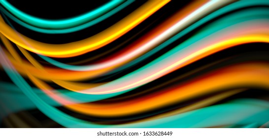 Abstract silk smooth lines on black, multicolored liquid fluid rainbow style waves on black. Vector Illustrations For Wallpaper, Banner, Background, Card, Book, Illustration, landing page, cover