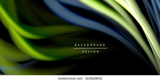 Resumen de líneas suaves de seda sobre ondas negras multicolores de estilo arco iris líquido sobre negro. Ilustraciones vectoriales para papel tapiz, cartel, fondo, tarjeta, libro, ilustración, página de inicio, portada