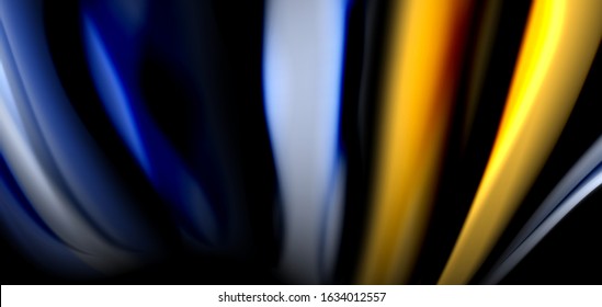 Resumen de líneas suaves de seda sobre ondas negras multicolores de estilo arco iris líquido sobre negro. Ilustraciones vectoriales para papel tapiz, cartel, fondo, tarjeta, libro, ilustración, página de inicio, portada
