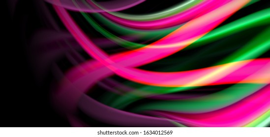 Resumen de líneas suaves de seda sobre ondas negras multicolores de estilo arco iris líquido sobre negro. Ilustraciones vectoriales para papel tapiz, cartel, fondo, tarjeta, libro, ilustración, página de inicio, portada