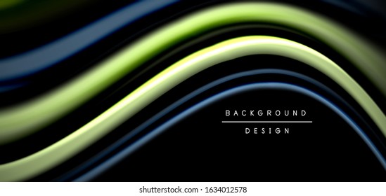Resumen de líneas suaves de seda sobre ondas negras multicolores de estilo arco iris líquido sobre negro. Ilustraciones vectoriales para papel tapiz, cartel, fondo, tarjeta, libro, ilustración, página de inicio, portada