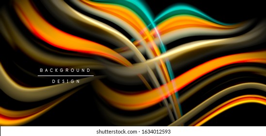 Abstract silk smooth lines on black, multicolored liquid fluid rainbow style waves on black. Vector Illustrations For Wallpaper, Banner, Background, Card, Book, Illustration, landing page, cover
