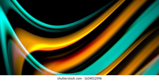 Resumen de líneas suaves de seda sobre ondas negras multicolores de estilo arco iris líquido sobre negro. Ilustraciones vectoriales para papel tapiz, cartel, fondo, tarjeta, libro, ilustración, página de inicio, portada