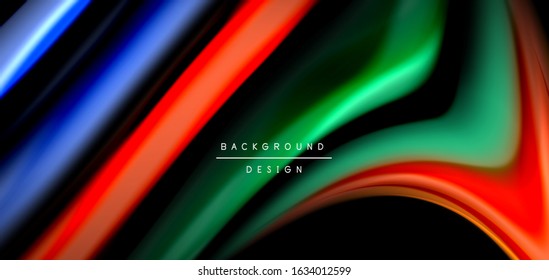 Abstract silk smooth lines on black, multicolored liquid fluid rainbow style waves on black. Vector Illustrations For Wallpaper, Banner, Background, Card, Book, Illustration, landing page, cover