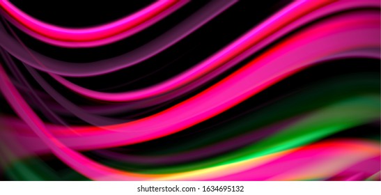 Abstract silk smooth lines on black, multicolored liquid fluid rainbow style waves on black. Vector Illustrations For Wallpaper, Banner, Background, Card, Book, Illustration, landing page, cover