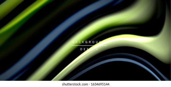 Resumen de líneas suaves de seda sobre ondas negras multicolores de estilo arco iris líquido sobre negro. Ilustraciones vectoriales para papel tapiz, cartel, fondo, tarjeta, libro, ilustración, página de inicio, portada