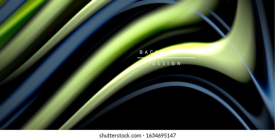 Abstract silk smooth lines on black, multicolored liquid fluid rainbow style waves on black. Vector Illustrations For Wallpaper, Banner, Background, Card, Book, Illustration, landing page, cover