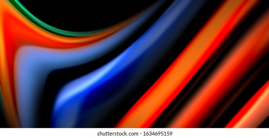 Abstract silk smooth lines on black, multicolored liquid fluid rainbow style waves on black. Vector Illustrations For Wallpaper, Banner, Background, Card, Book, Illustration, landing page, cover