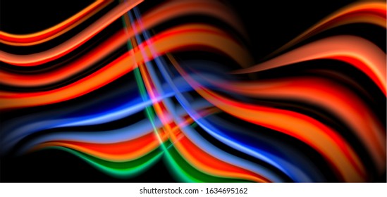 Resumen de líneas suaves de seda sobre ondas negras multicolores de estilo arco iris líquido sobre negro. Ilustraciones vectoriales para papel tapiz, cartel, fondo, tarjeta, libro, ilustración, página de inicio, portada